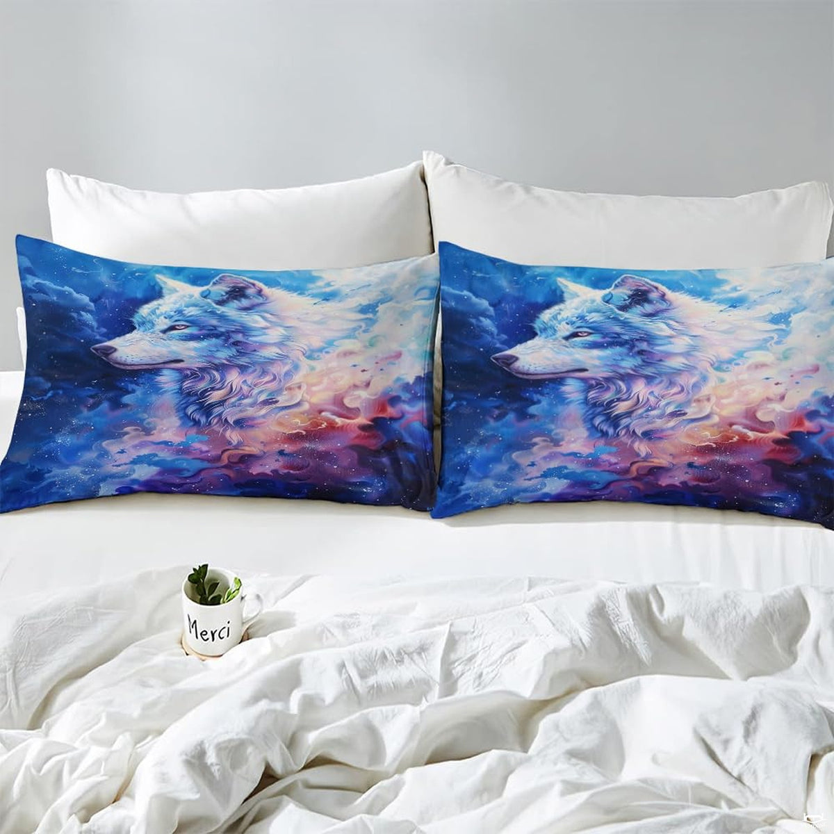 Close pillows with pale wolf profile, flowing fur, and star-speckled clouds