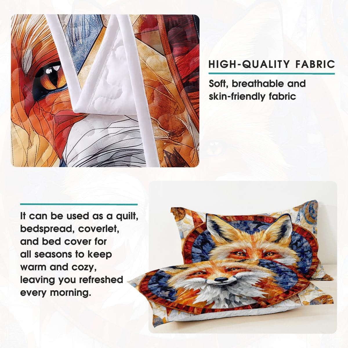 Fox Patchwork Pattern Quilt Set, Animal Quilt Set Patchwork Style, Premium Quilt Pattern Bedspread for Mom Daughter, Fox Bedding Quilt (Full/Throw/Queen/King/Twin Size)