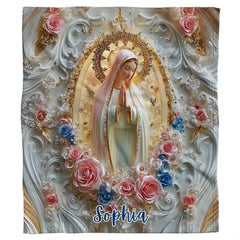 Full flat view of Our Lady of Fatima throw blanket showing baroque filigree and ribbon roses.