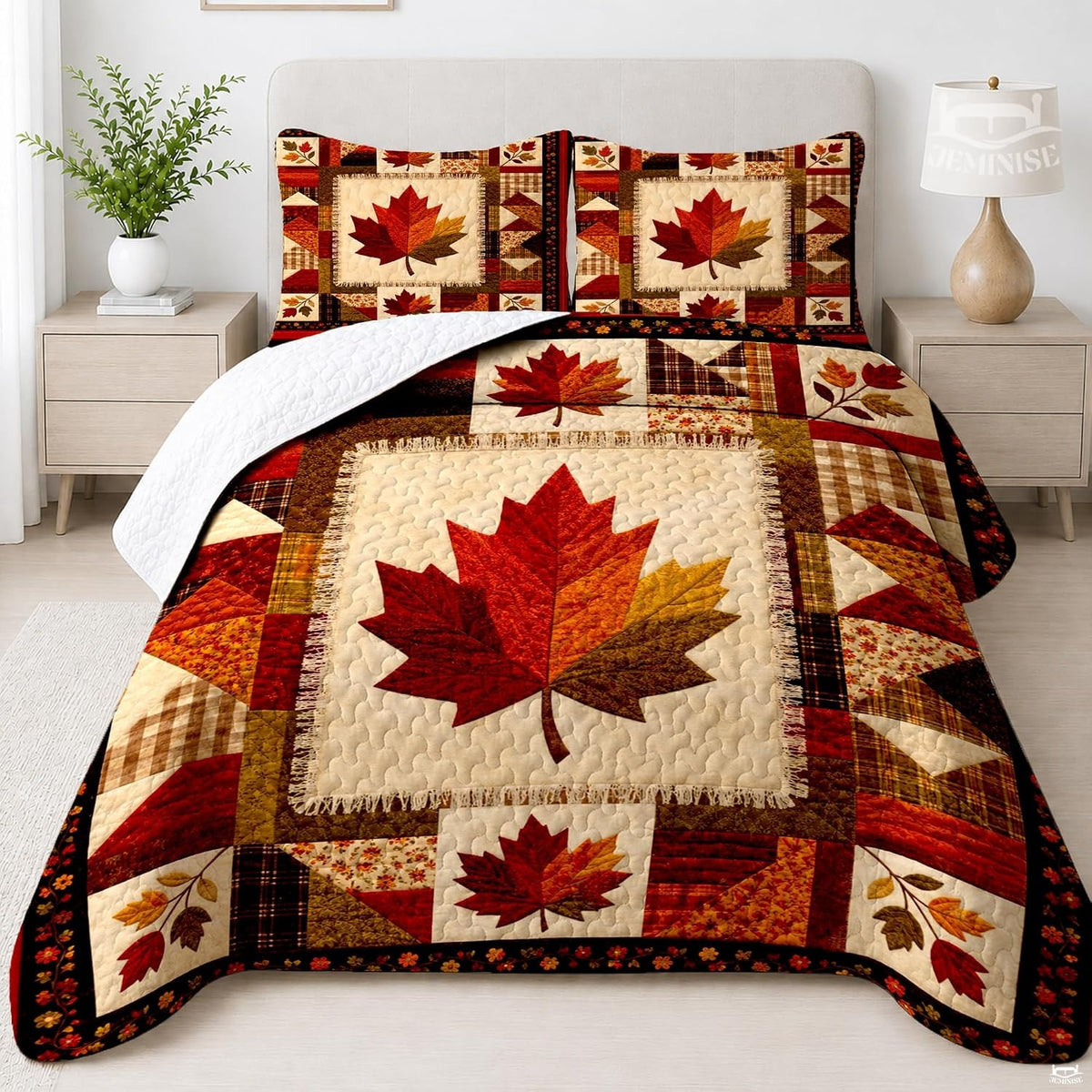 Rustic patchwork maple leaf autumn bedding set featuring a multifaceted maple leaf and country patchwork blocks