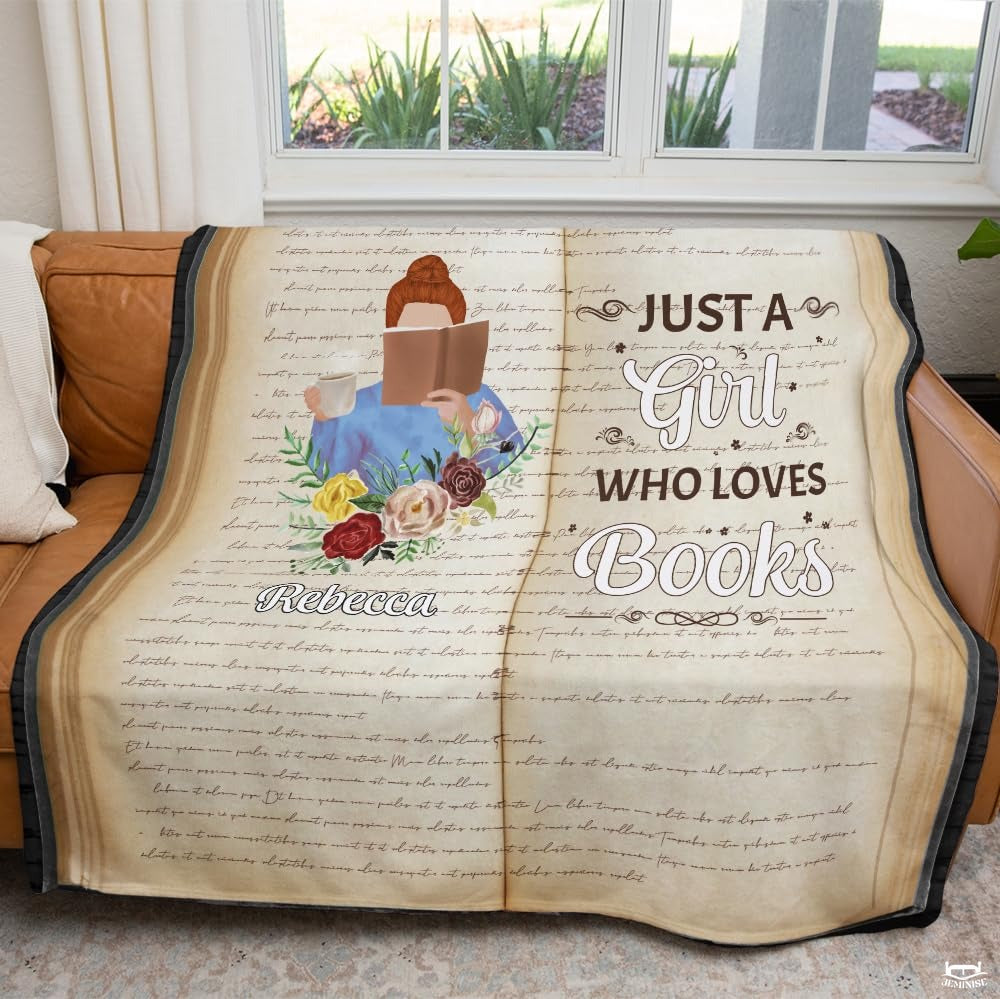 Personalized Girl Messy Bun Reading Book and Holding Mug Throw Blanket
