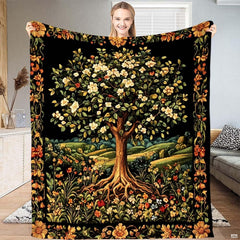 Tree of Life illustration with flowering canopy and millefleurs wildflower meadow on Blanket.
