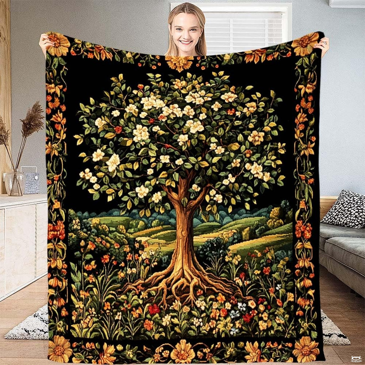 Tree of Life illustration with flowering canopy and millefleurs wildflower meadow on Blanket.