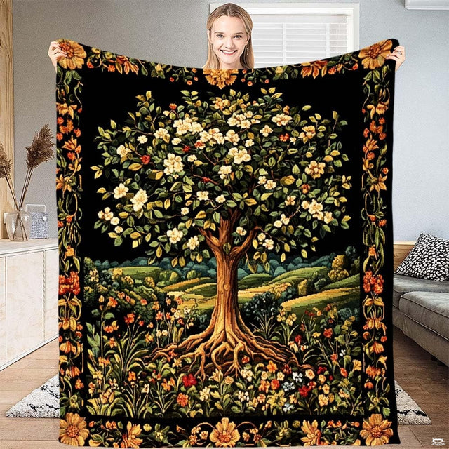 Tree of Life illustration with flowering canopy and millefleurs wildflower meadow on Blanket.