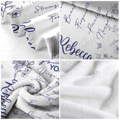 Macro detail view of the navy wildflower line art and cursive lettering.