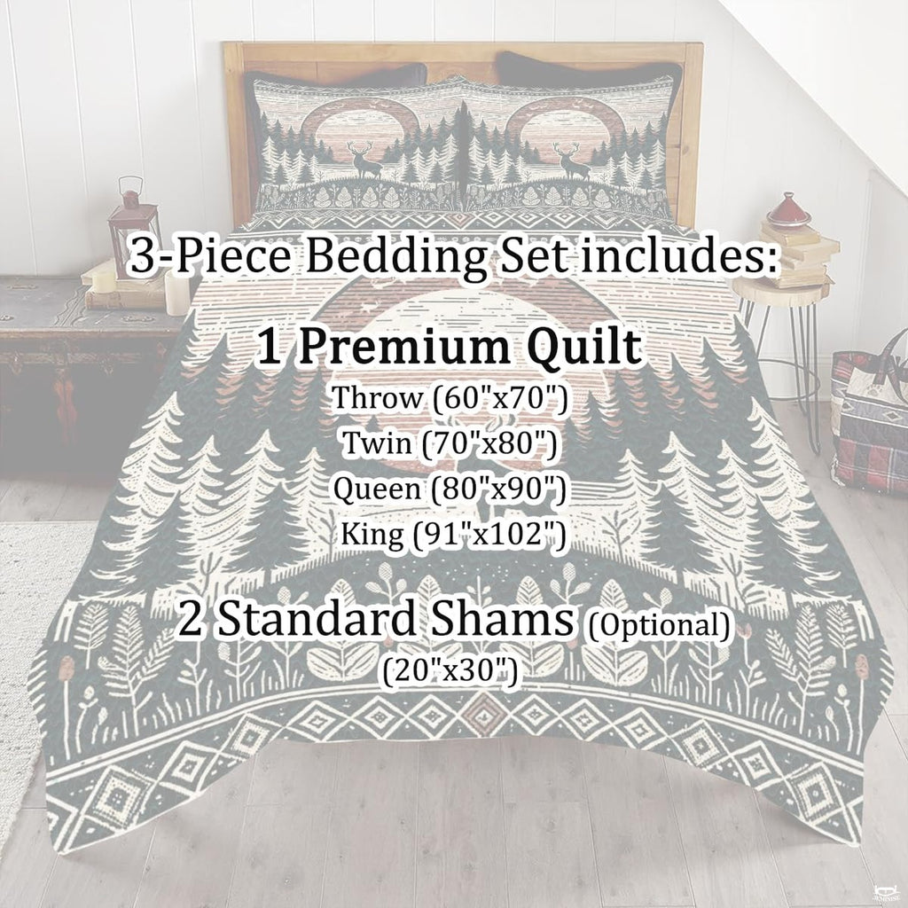 Bedroom display featuring rustic stag and sunrise woodland wildlife nature print bedding.