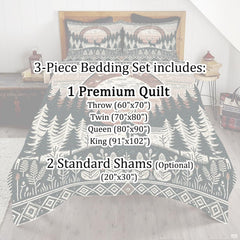 Bedroom display featuring rustic stag and sunrise woodland wildlife nature print bedding.