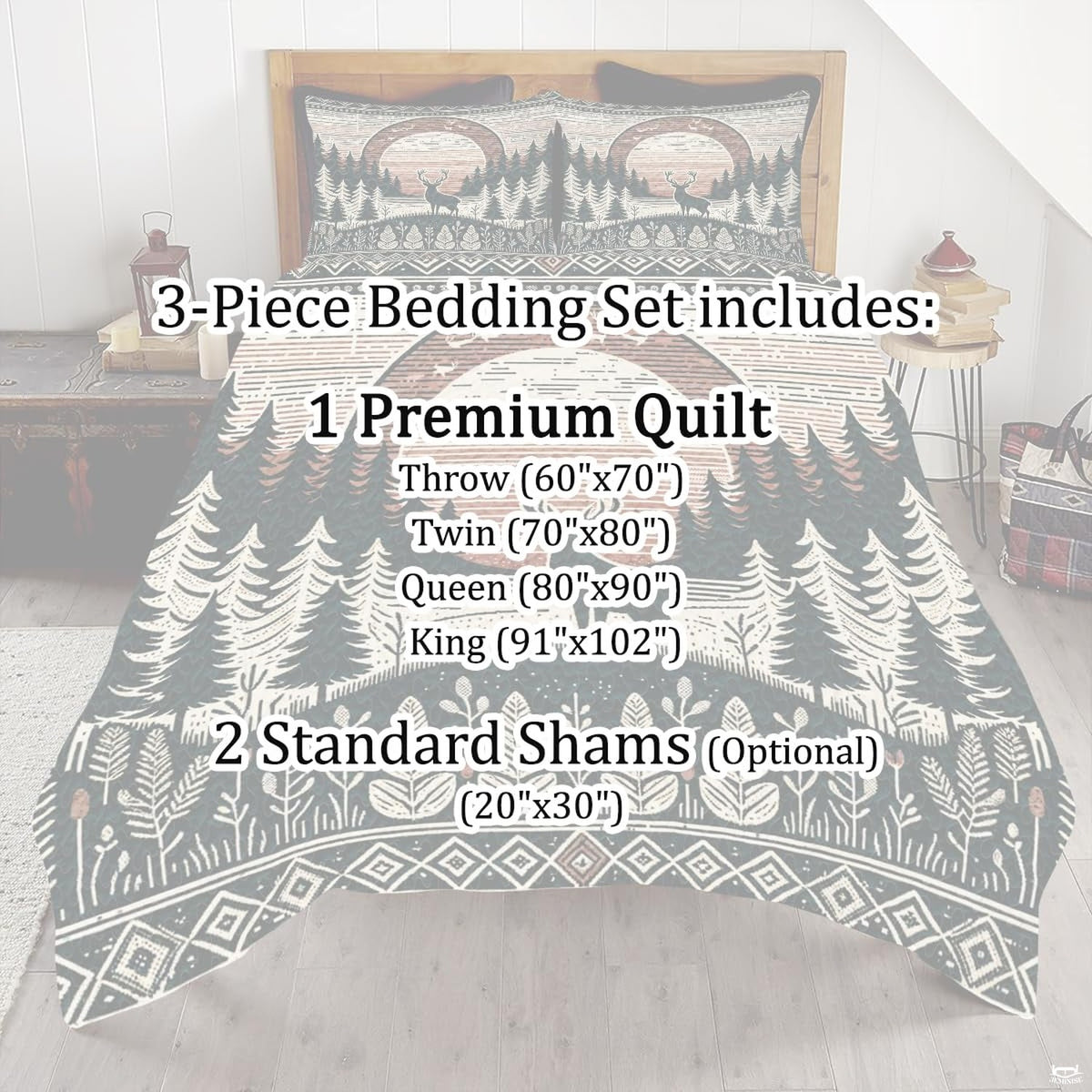 Bedroom display featuring rustic stag and sunrise woodland wildlife nature print bedding.