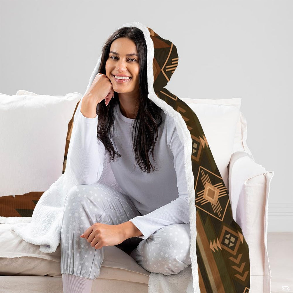 Southwestern geometric border detail on wolf graphic blanket