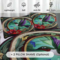 Matching pillows with purple wing hummingbird oval and red blossom accents