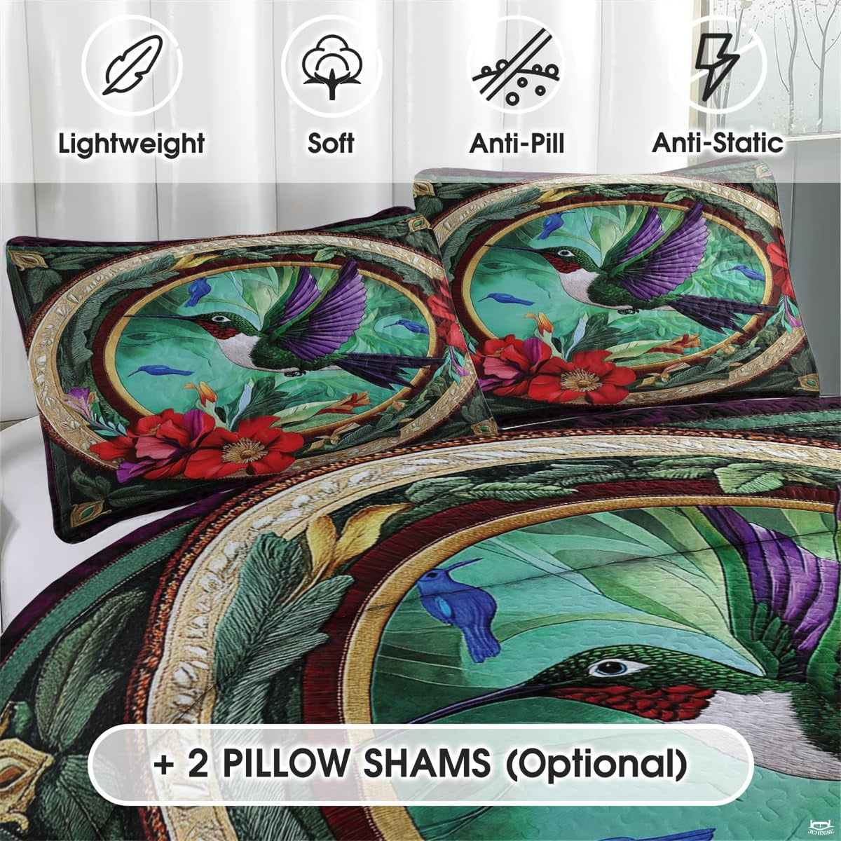 Matching pillows with purple wing hummingbird oval and red blossom accents
