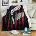 Distressed American flag ice hockey stick artwork on white bed set display.