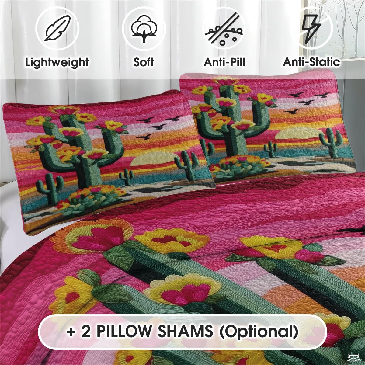 Personalized Desert Sunset Cactus Floral Quilt Set, Machine Washable
