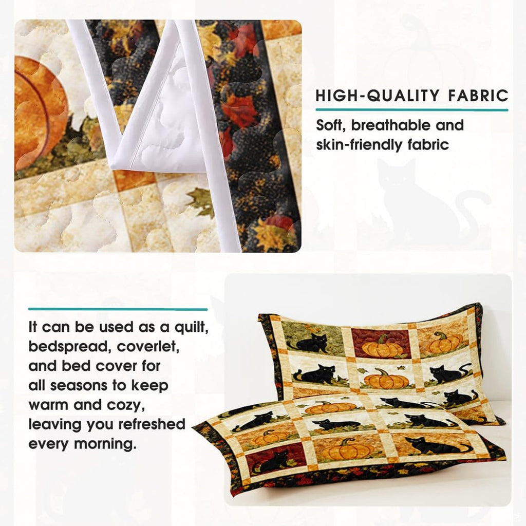 High-angle view of autumn leaf bedding set presenting balanced geometric patchwork tiles and foliage motifs across bed.