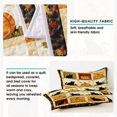 High-angle view of autumn leaf bedding set presenting balanced geometric patchwork tiles and foliage motifs across bed.
