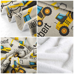 Themed bedroom display highlighting the yellow and cyan digger bed cover illustration design.