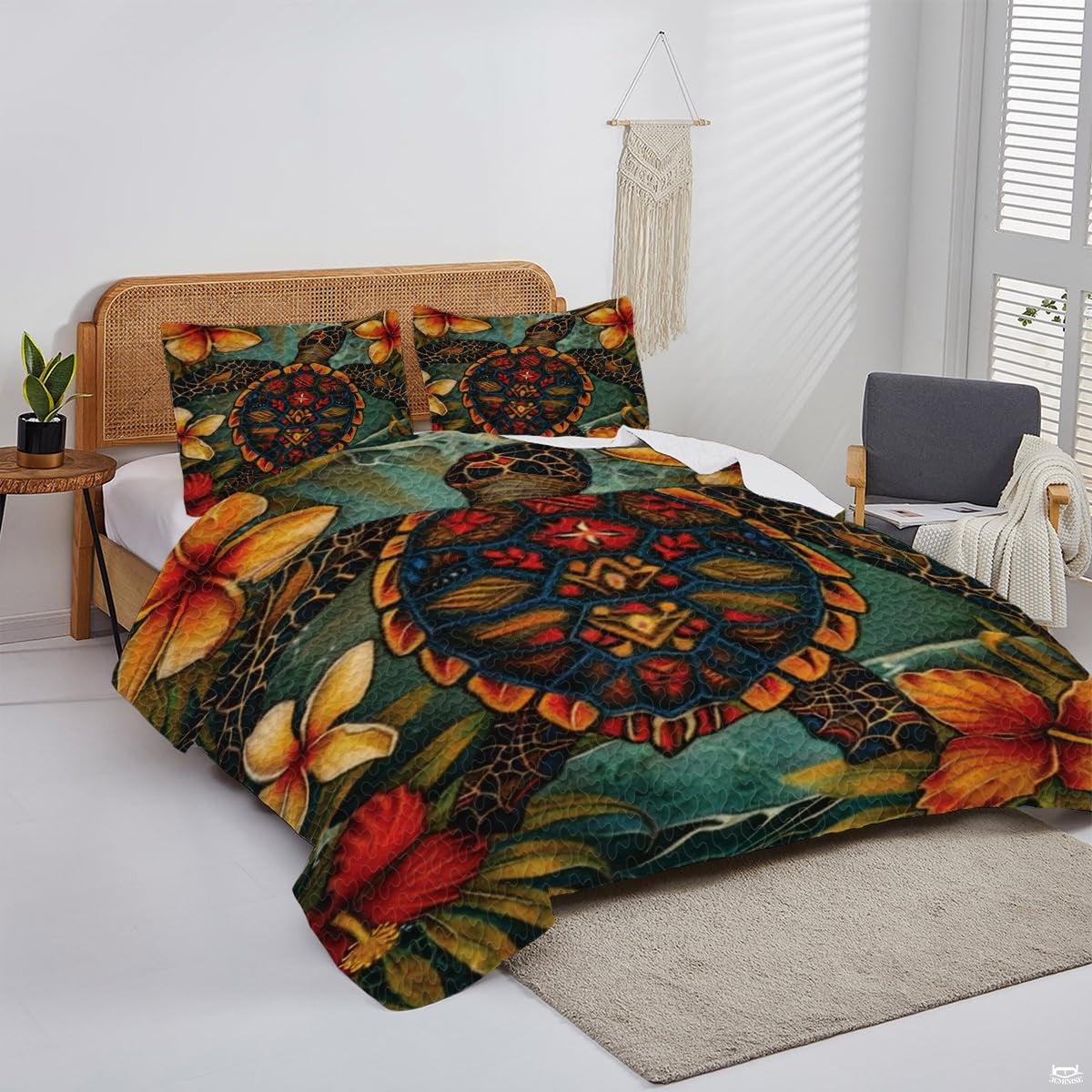 Overhead perspective of turtle bedding arranged across an ocean island-inspired mattress