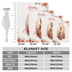 Devotional Virgin Mary portrait motif with coral roses styled across a tranquil cream bedroom interior.