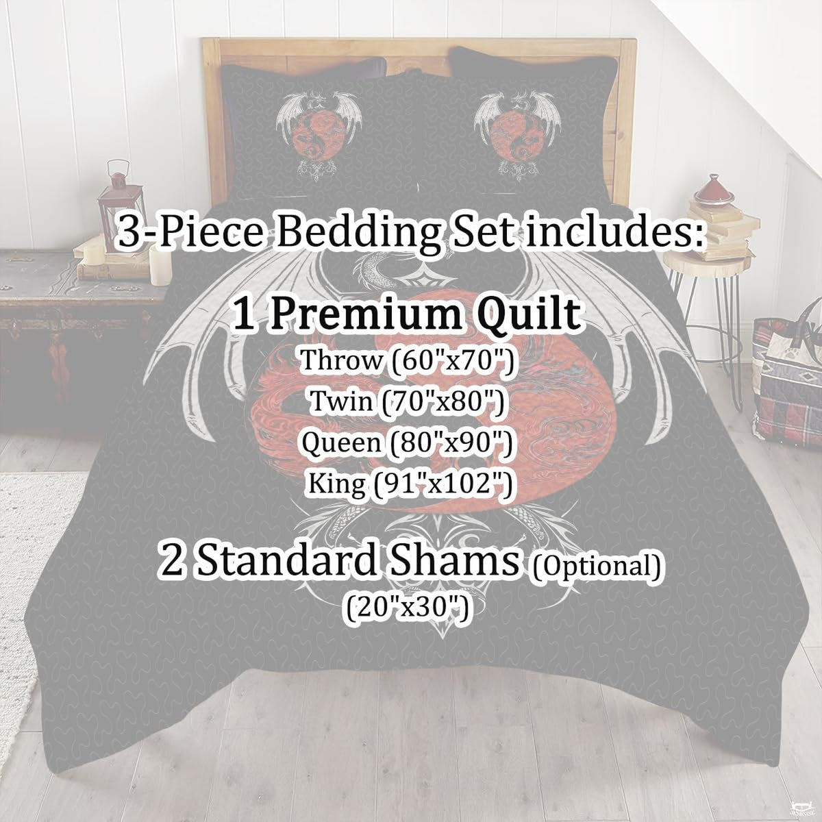 Dragon yin yang bedding mockup in red black and white