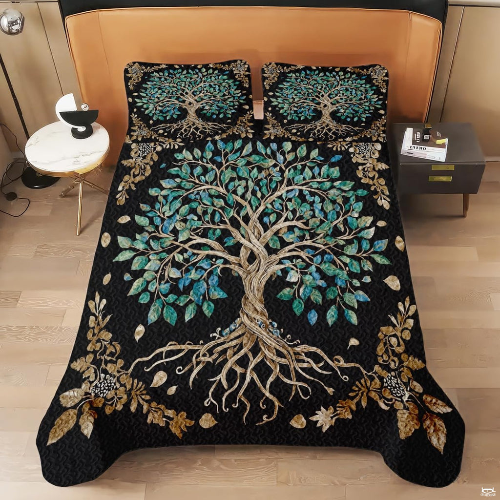 Matching pillowcase detail for Tree of Life bedding set showcasing sacred tree artwork and golden floral corner framing
