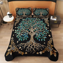 Matching pillowcase detail for Tree of Life bedding set showcasing sacred tree artwork and golden floral corner framing