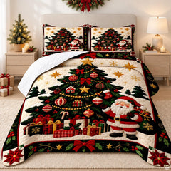 Festive Santa Claus bed sheets artwork featuring decorated Christmas tree and gifts on cream background.