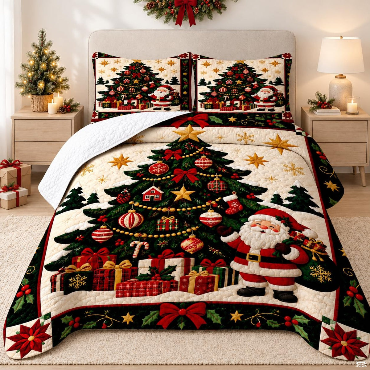 Festive Santa Claus bed sheets artwork featuring decorated Christmas tree and gifts on cream background.