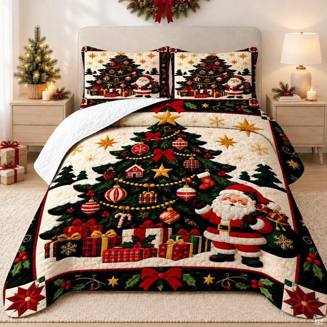 Festive Santa Claus bed sheets artwork featuring decorated Christmas tree and gifts on cream background.