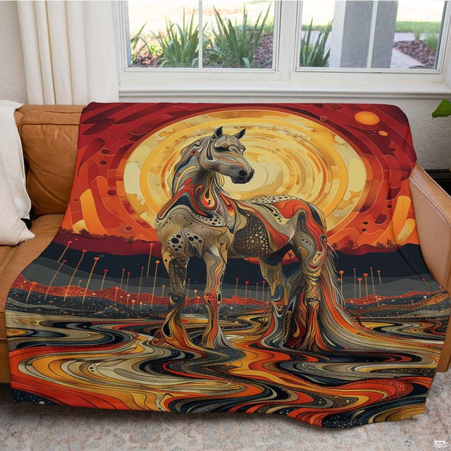 Close-up of horse bedding set single motif showing organic swirling lines, dotted textures, and amber tones