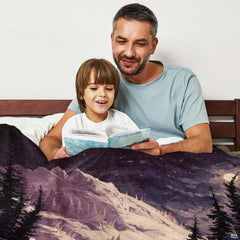 Evergreen pines and snow peaks on starry night bedding set in navy and purple