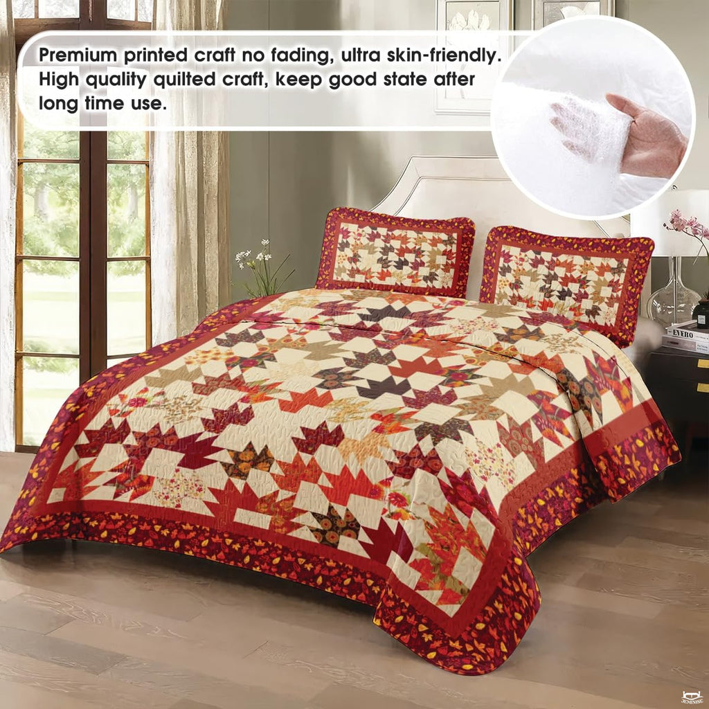Charming fall bed ideas showcase with starburst foliage blocks and a decorative rust-red leaf border.