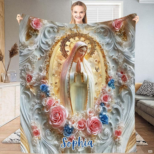 Our Lady of Fatima blanket showing Blessed Virgin in golden cameo frame with sculpted roses.