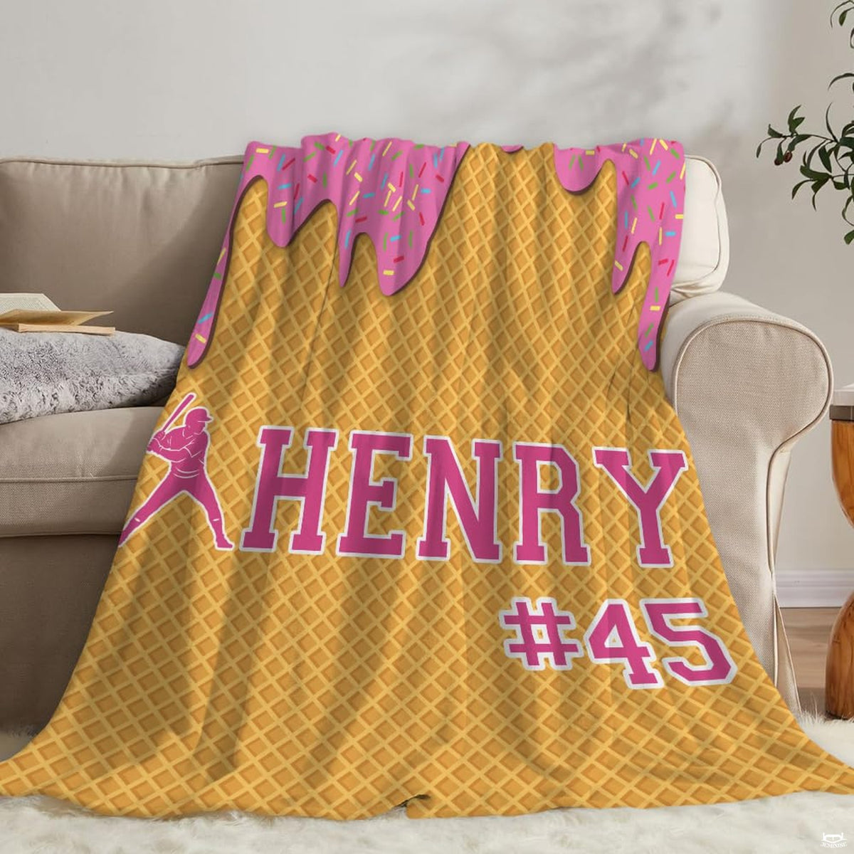 Coordinated bedroom arrangement featuring sports-themed bedding set with playful ice cream artwork.