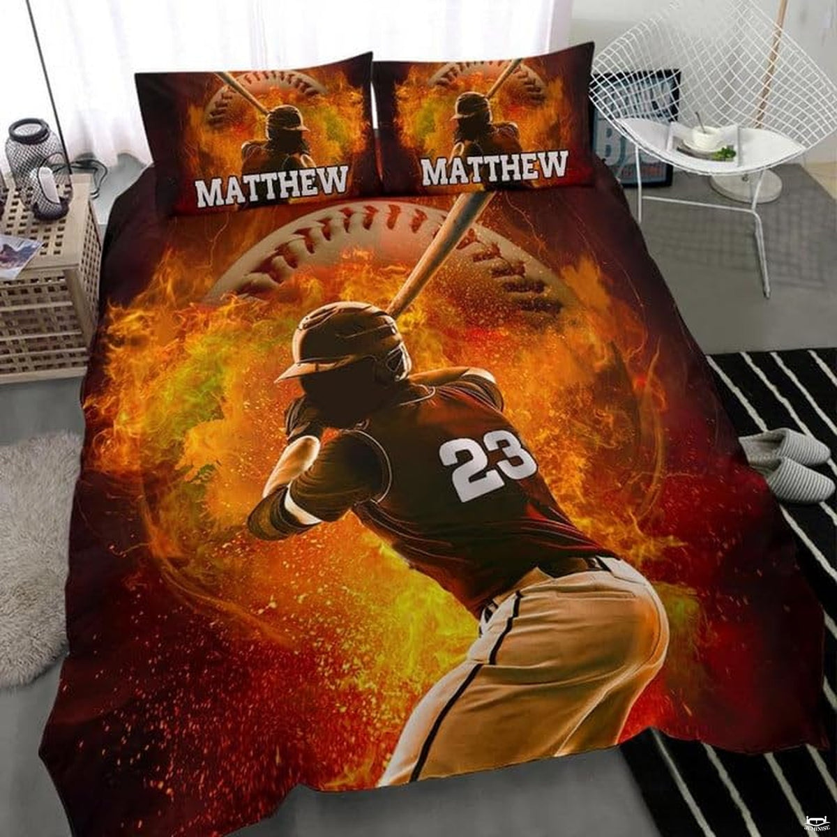 Baseball bedding displaying athletic batter poised before an explosive blazing fireball with swirling flames on dark backdrop