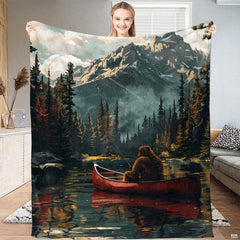 Scenic oil painting of Bigfoot fishing in red canoe on alpine lake, view 1.