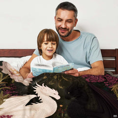 White and black dragons throw blanket view 2 highlighting twin drakes, books, and peony flowers