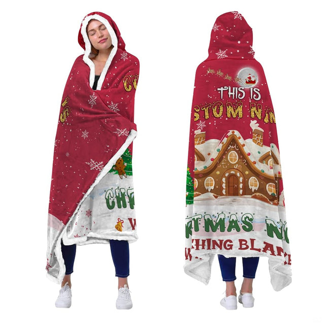Christmas gingerbread throw blanket view 2 highlighting snowman, candy canes, and reindeer sleigh over moon