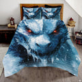 Ice blue dragon face with glowing orange eyes displayed across a bed and matching pillows