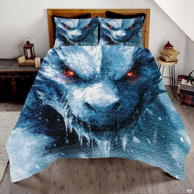 Ice blue dragon face with glowing orange eyes displayed across a bed and matching pillows