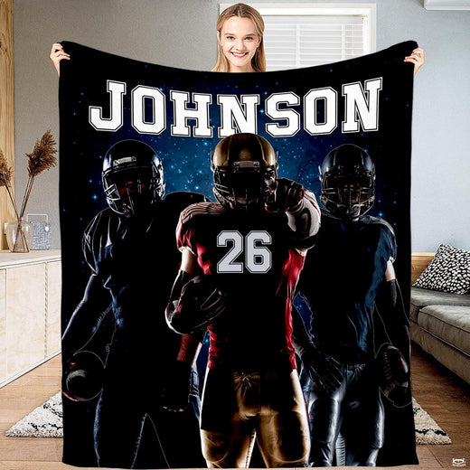 American football players stadium throw blanket displaying three athletes in protective gear under starry lights