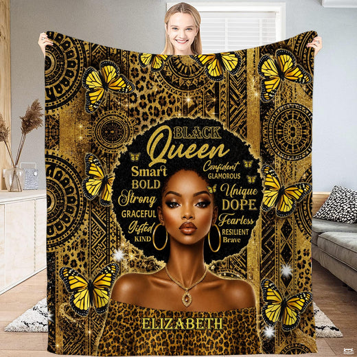 African American bedding designers portrait artwork with monarch butterflies and gold mandalas
