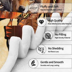 Bedroom setting featuring native American print bedding sets with realistic wolf portraiture.