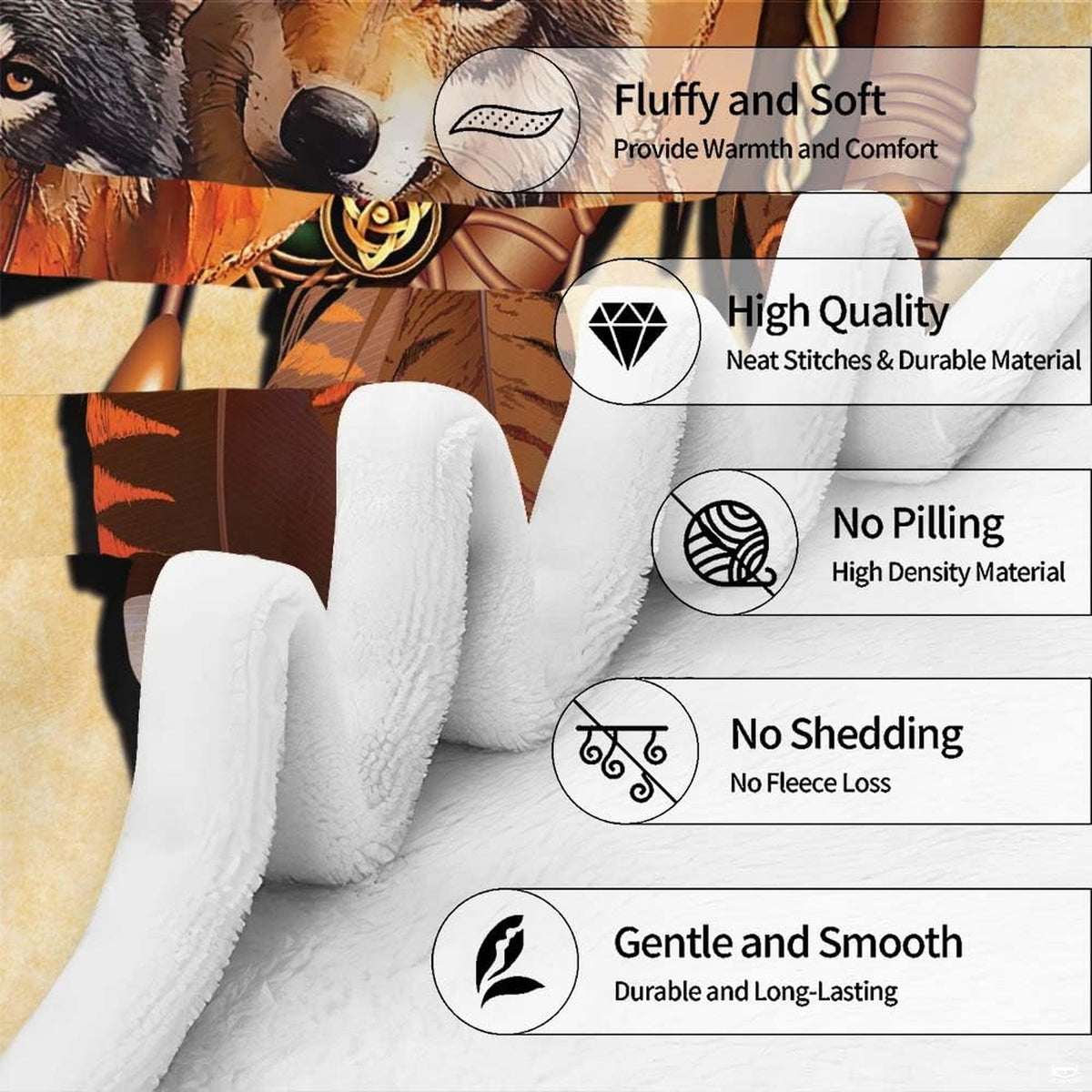 Bedroom setting featuring native American print bedding sets with realistic wolf portraiture.