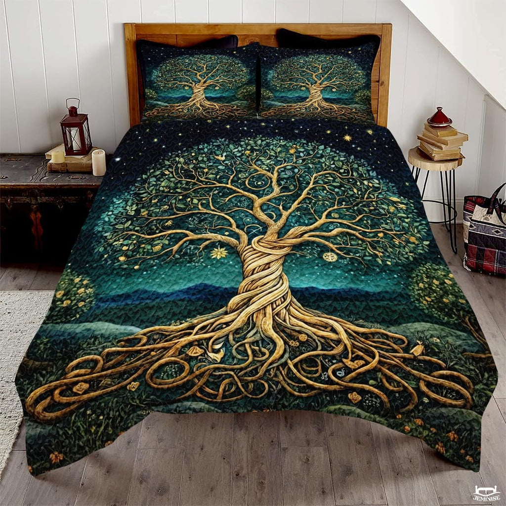 Bedroom setting with golden fruit Celtic tree bedding and matching pillow shams