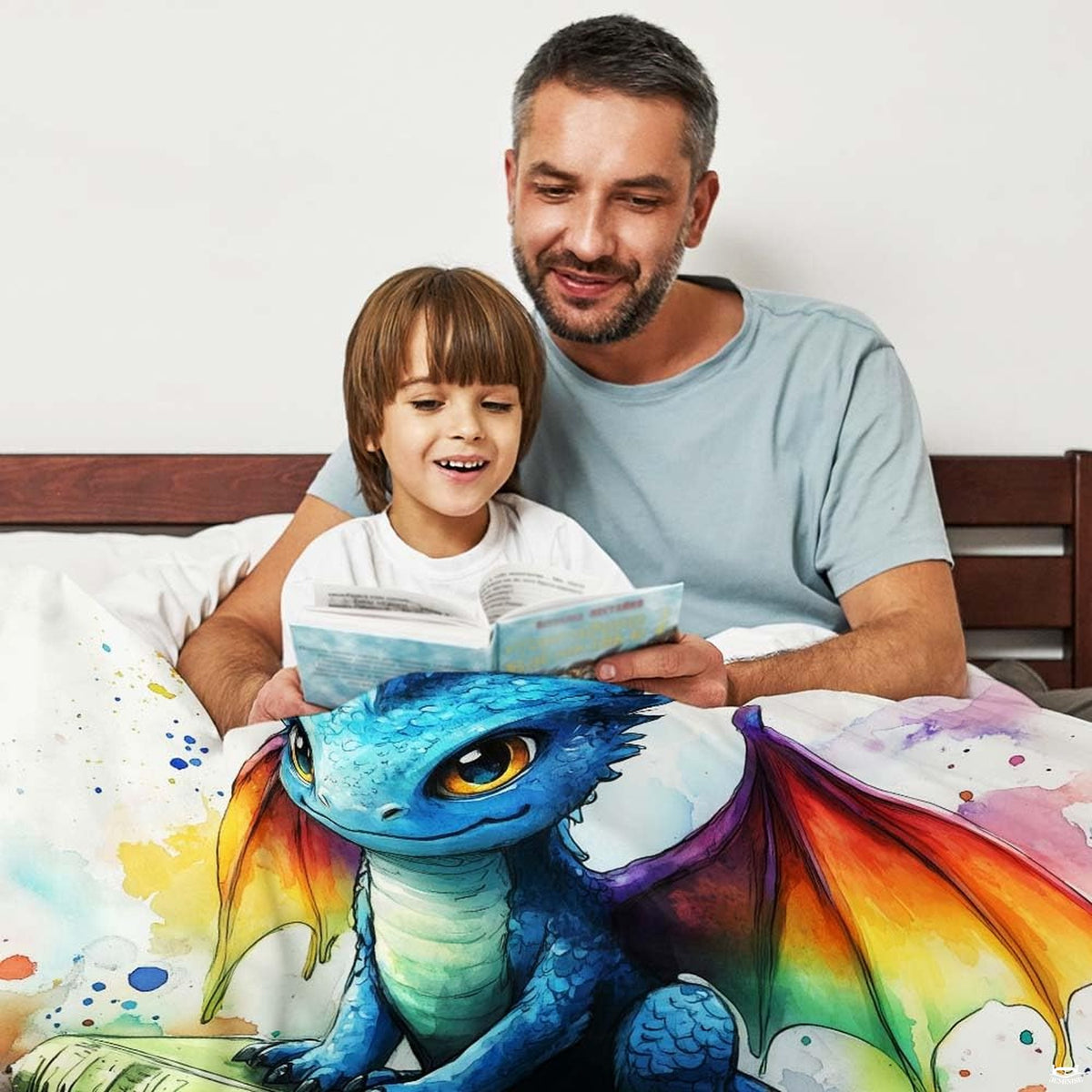 Close-up detail of watercolor baby dragon with amber eyes and rainbow wing gradients.