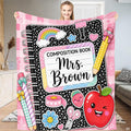 Stationery doodle bedding set featuring a speckled notebook pattern, pink gingham trim, and smiling red apple artwork.