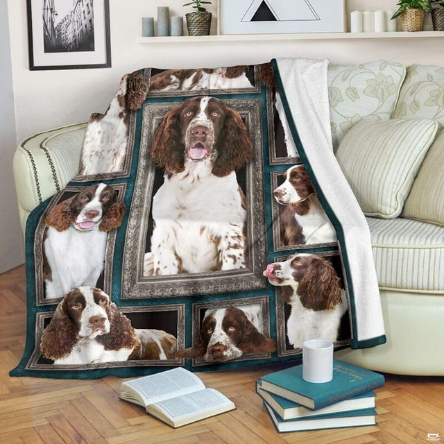 English Springer Spaniel dog portraits in antique silver frames on deep teal damask bedding motif.