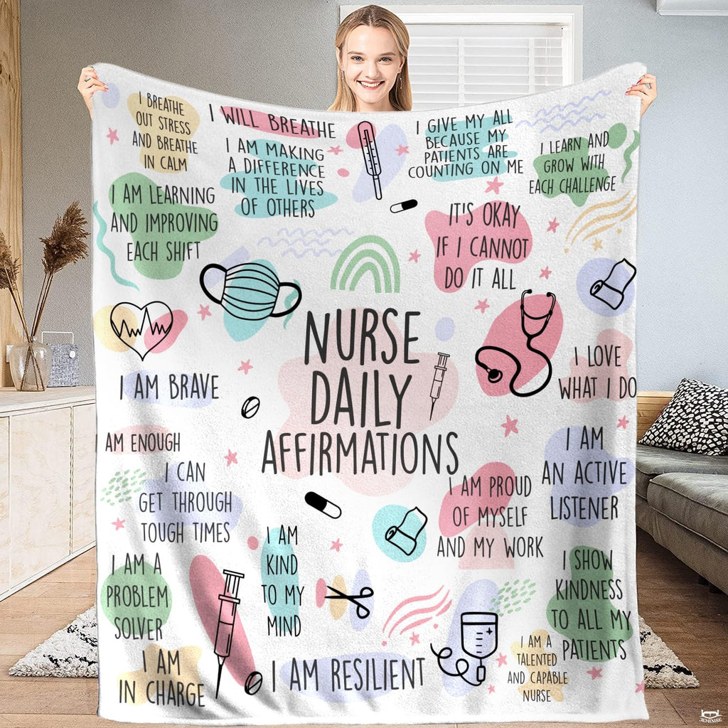 Nurse daily affirmations design with pastel color blotches and medical doodle art, view 1.