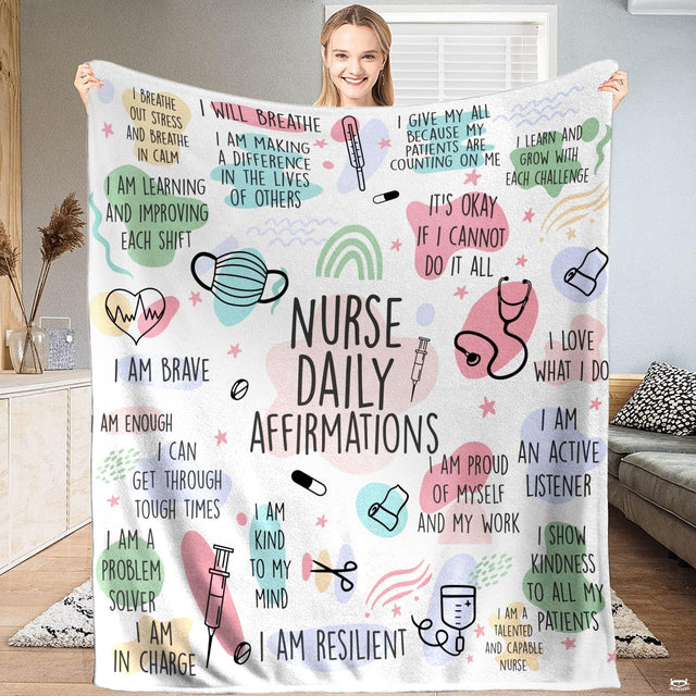 Nurse daily affirmations design with pastel color blotches and medical doodle art, view 1.