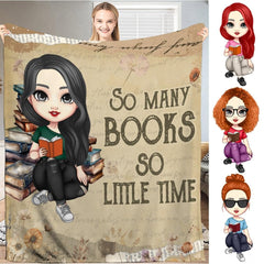 Personalized Dark Haired Girl Reading Book Throw Blanket - Book Lover